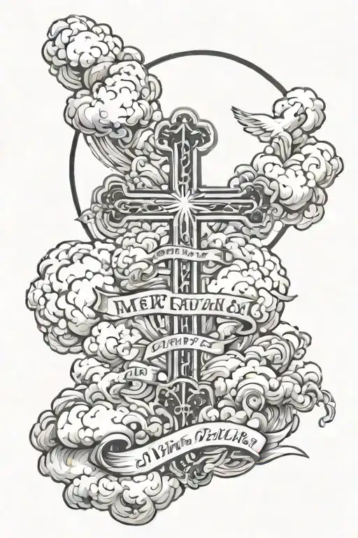 the quote " my mercy prevails over my wrath" in a cloud with a huge cross behind it tattoo design idea
