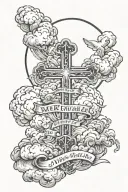 the quote " my mercy prevails over my wrath" in a cloud with a huge cross behind it tattoo design idea