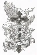 the quote " my mercy prevails over my wrath" in a cloud with a huge cross behind it tattoo design idea