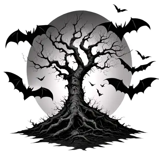 posion tree leaveless growing with bats swarming tattoo design idea