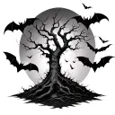 posion tree leaveless growing with bats swarming tattoo design idea