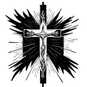 Minimalist superosition with Catholic cross, writes "Ave Christus Rex", symbolic element of the Virgin Mary and Lys tattoo design idea