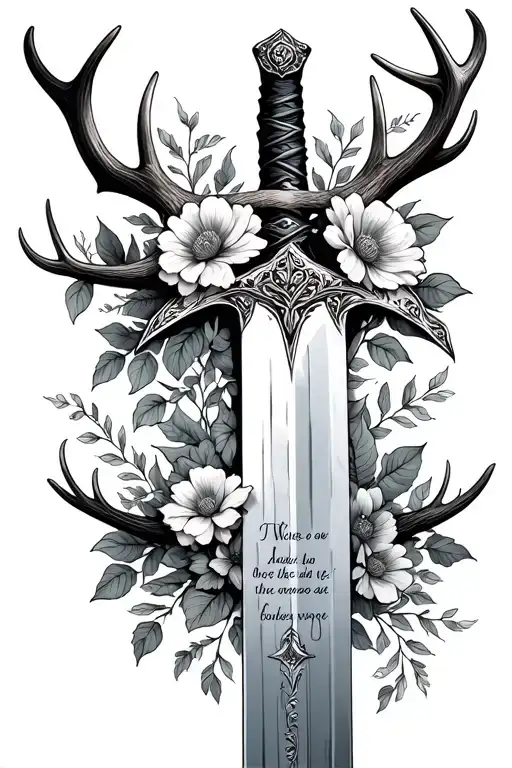 A sword with flowers wrapped around the blade and antlers across the hilt and a Bible verse on the blade tattoo design idea