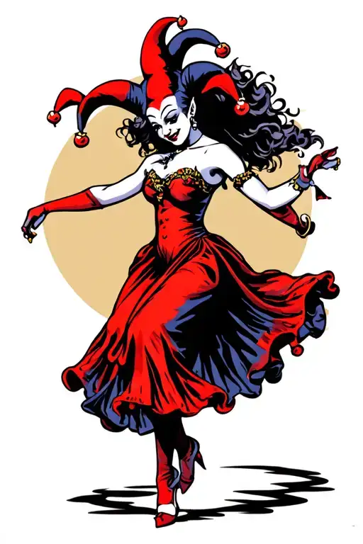 feminine evil jester dancing tattoo design idea