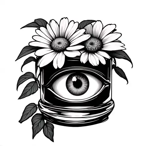 Create a project for me from a mixture of graphics and realism, let it be a jar with a plant that has eyes like flowers tattoo design idea