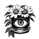 Create a project for me from a mixture of graphics and realism, let it be a jar with a plant that has eyes like flowers tattoo design idea