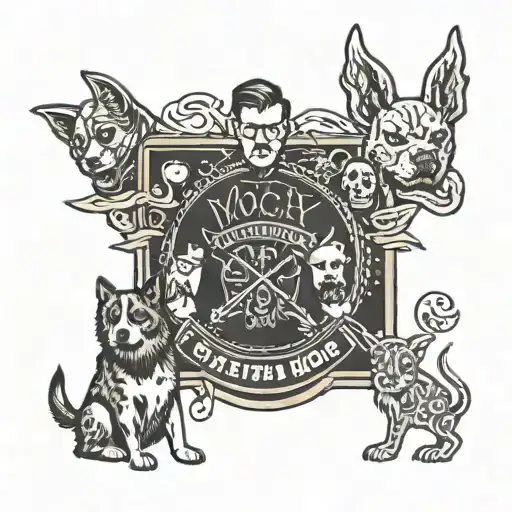 A teacher standing in front of a chalkboard covered in heavy metal band logos, with a dog sitting beside them tattoo design idea