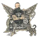 A teacher standing in front of a chalkboard covered in heavy metal band logos, with a dog sitting beside them tattoo design idea