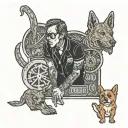 A teacher standing in front of a chalkboard covered in heavy metal band logos, with a dog sitting beside them tattoo design idea