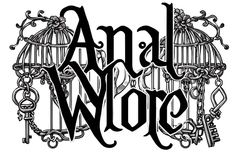 "Anal Whore"  "collar" "leash" "submissive" "shackles" "keys" "cage" tattoo design idea