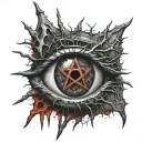 Realistic human eye, satanic pentagram, blood splatter, veins, Satan, Satanic. Metal bloody thorns. tattoo design idea