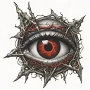 Realistic human eye, satanic pentagram, blood splatter, veins, Satan, Satanic. Metal bloody thorns. tattoo design idea