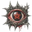 Realistic human eye, satanic pentagram, blood splatter, veins, Satan, Satanic. Metal bloody thorns. tattoo design idea