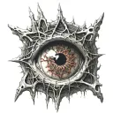 Realistic human eye, satanic pentagram, blood splatter, veins, Satan, Satanic. Metal bloody thorns. tattoo design idea