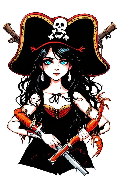 one girl selling shrimp and crab claws with blue eyes one has black hair and she is pirates with muskets tattoo design idea