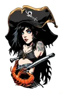 one girl selling shrimp and crab claws with blue eyes one has black hair and she is pirates with muskets tattoo design idea