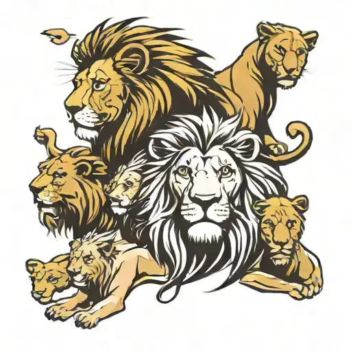 1 Big male lion head with a smaller female lion, 2 younger male lions and 1 younger female lion and 1 cub tattoo design idea
