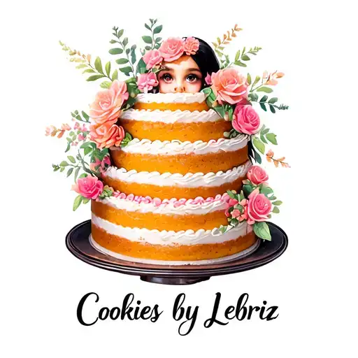 "Cookies by Lebriz" A whimsical cake with intricate floral designs intertwined, incorporating a girl peeking out from behind the layers tattoo design idea