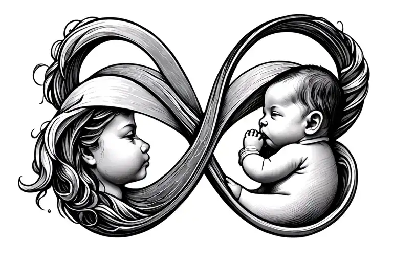 An ∞ (infinity symbol) where the left loop is a stylized profile of a woman's breast, and the right loop is a baby in a  tattoo design idea