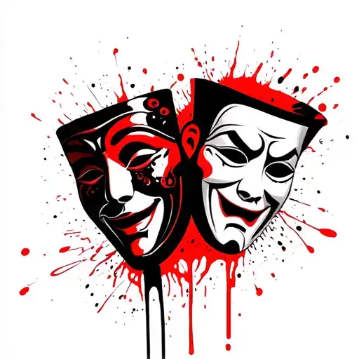 Two traditional theater masks one happy, the other sad. In black and white using red as color for details tattoo design idea