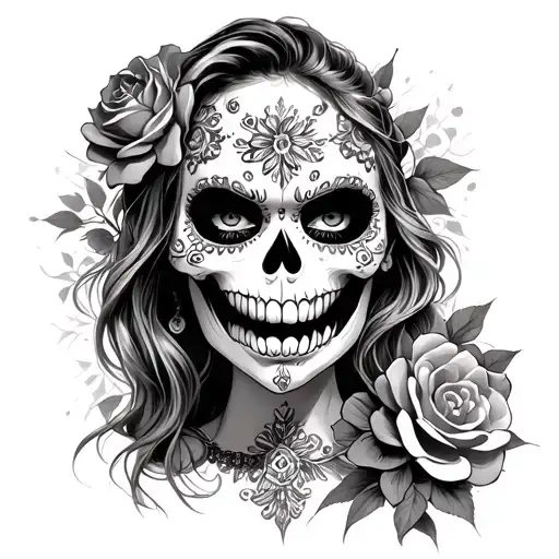 beautiful woman standing sexy sugar skull happy and angry at the same time tattoo design idea
