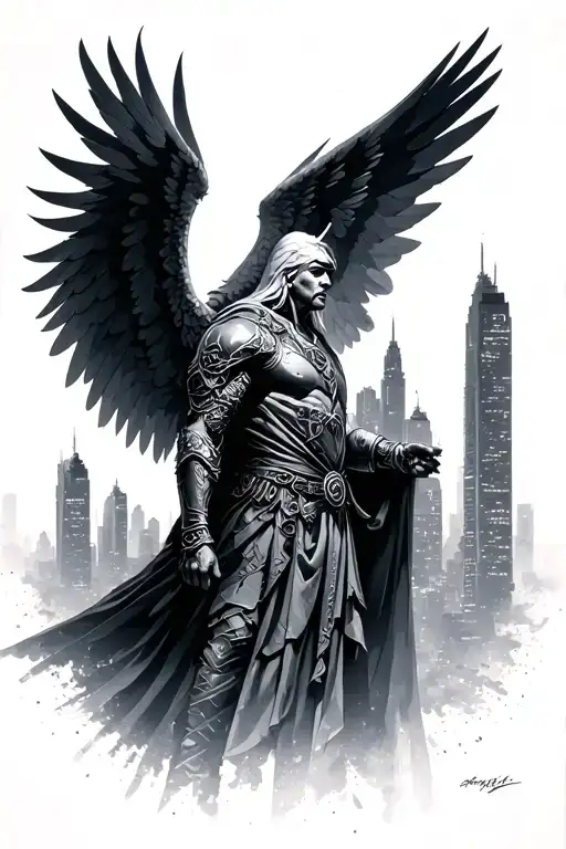 dark warrior angel city skyline tattoo design idea