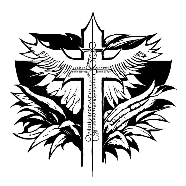 Black simple cross in the center of the chest, inscription debt honor homeland, 1998 on the stomach tattoo design idea