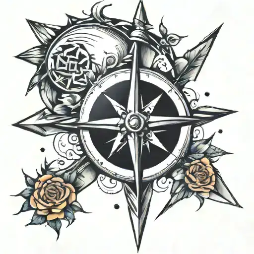 arrow, compass, rose, thorns, moon, stars tattoo design idea