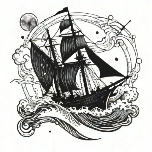 A detailed blackwork tattoo of a sailing ship navigating through rough waves, with the constellation of Sagittarius shining brightly in the sky tattoo design idea