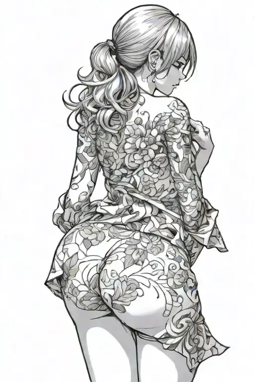 Naked anime girl from behind, erotic, full body, beautiful ass, looking at the camera, waifu face tattoo design idea