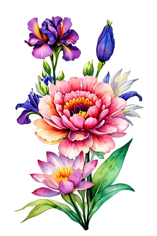 carnation, iris, cherry blossom, sweat pea, nacissus, gladiolus, water lilly, larkspur, chrysanthemum tattoo design idea