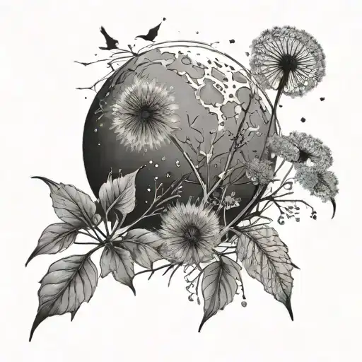 moon and dandelion spread 5 seeds drifting away transforming to bird tattoo design idea