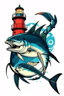 lighthouse, crab, marlin tattoo design idea