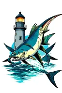 lighthouse, crab, marlin tattoo design idea