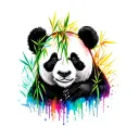 warrior panda hiding behind a bamboo forest in black and white with rainbow water colour edging  tattoo design idea
