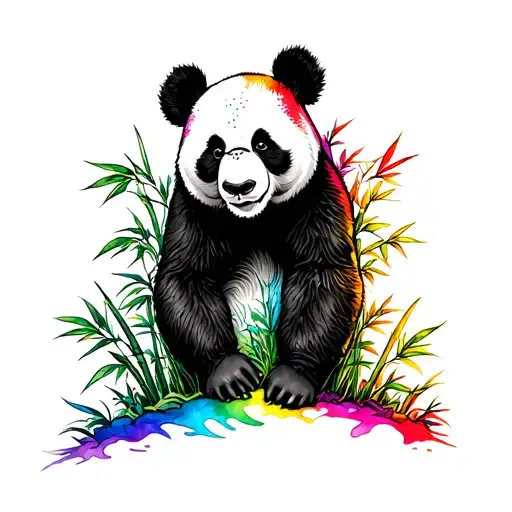 warrior panda hiding behind a bamboo forest in black and white with rainbow water colour edging  tattoo design idea