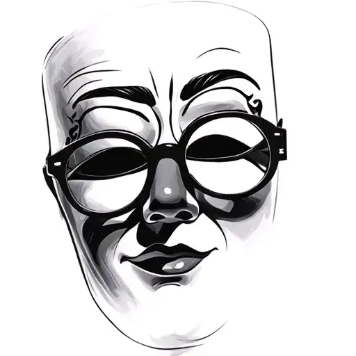 Theater mask in sunglasses, emotionally neutral, realism tattoo design idea