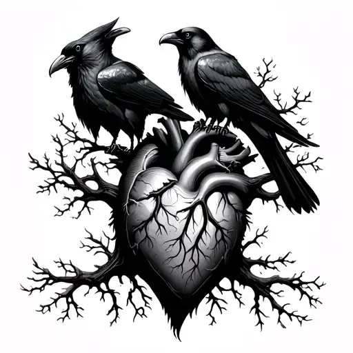 Life tree with human heart on it and 2 ravens huginn and muninn sitting on the heart.  tattoo design idea