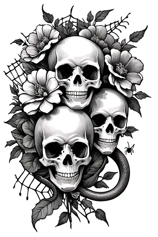 tutleback tattoo of large flowers with skulls, bones, snakes, spiders, webs, and vines tattoo design idea