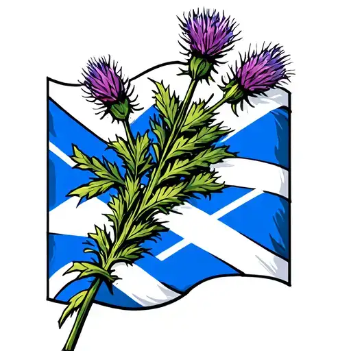 scotland flag waving, with heather and thistle tattoo design idea
