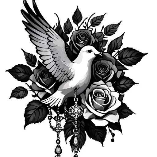 roses with a dove and rosary tattoo design idea