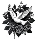 roses with a dove and rosary tattoo design idea
