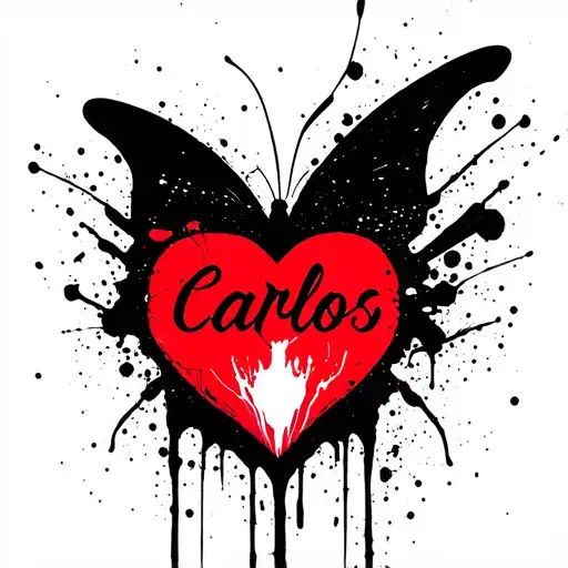 i want a name tattoo of “Carlos,” cybersigilism styles with heart or butterfly. Make it more crytic and distorted tattoo design idea