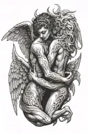 angel and demon hugging each other tattoo design idea