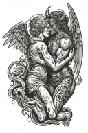 angel and demon hugging each other tattoo design idea