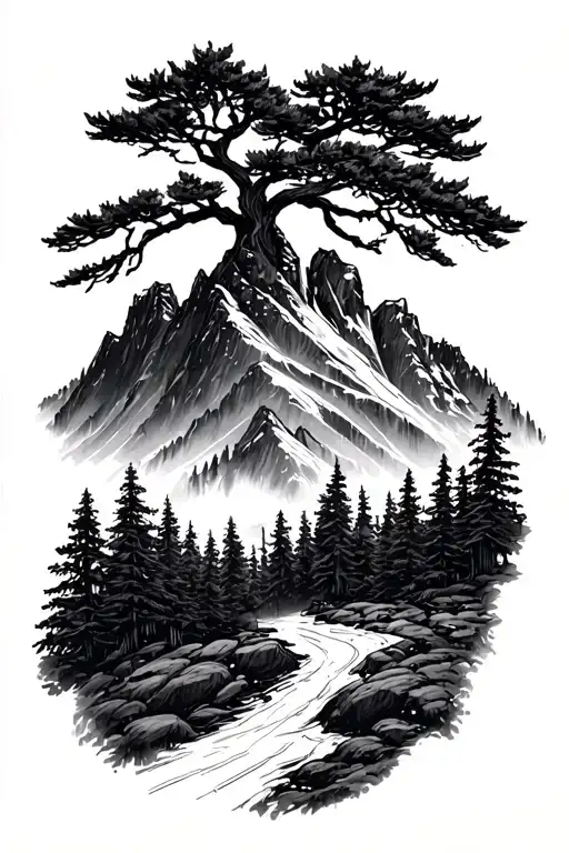 Mountain with tree on top tattoo design idea