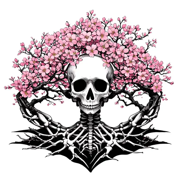 japanise cherry blossom skeleton tree intertwined within tattoo design idea