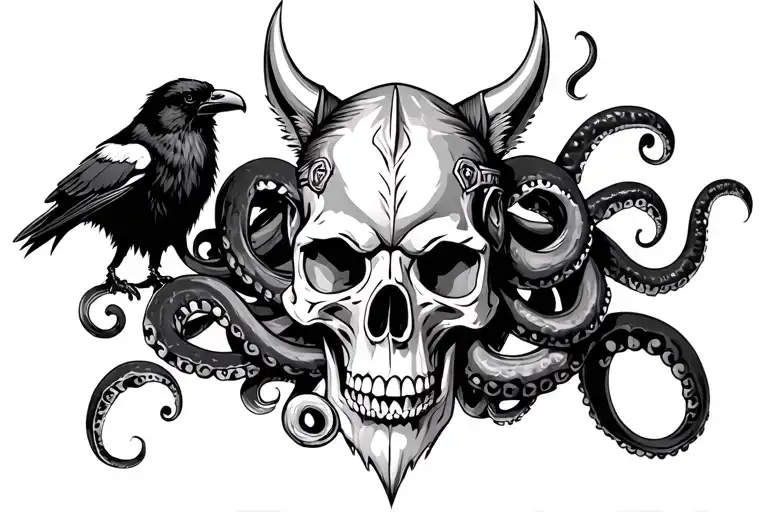 Viking skull with wolf, crow, black snake and octopus tattoo design idea