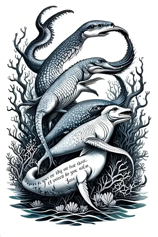ocean animals, with coral reefs and biblical quote intertwined tattoo design idea