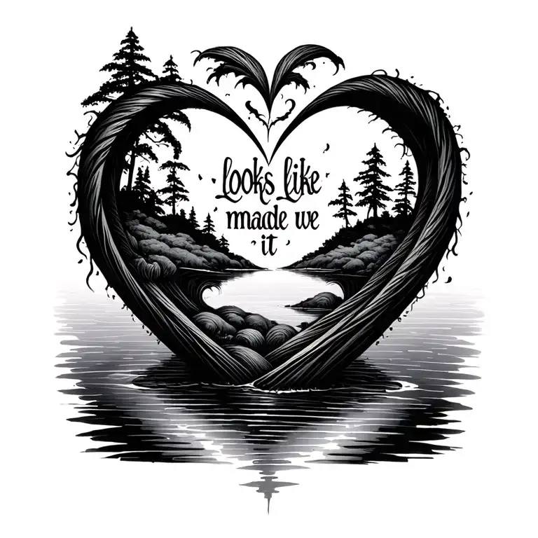 The words “looks like we made it” twisted around tiny islands in a stream in a love heart shape tattoo design idea